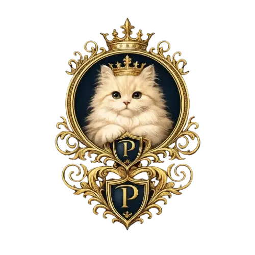 Luxury Persian Palace logo featuring a royal Persian kitten with crown and elegant gold frame.