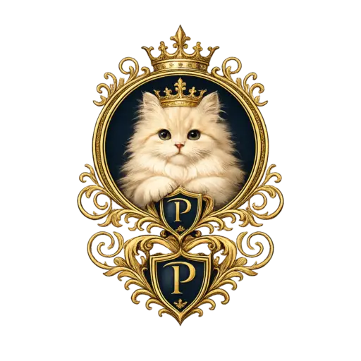 Luxury Persian Palace logo featuring a royal Persian kitten with crown and elegant gold frame.