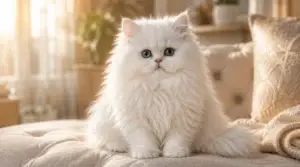 Fluffy white Persian kitten with striking blue eyes sitting on a cream sofa in a luxurious sunlit living room at The Persian Palace, Delhi NCR.