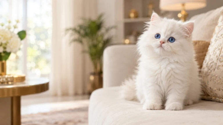 White Persian kitten with blue eyes sitting on a cream sofa, a typical Persian kitten for sale in Delhi NCR at Persian Palace